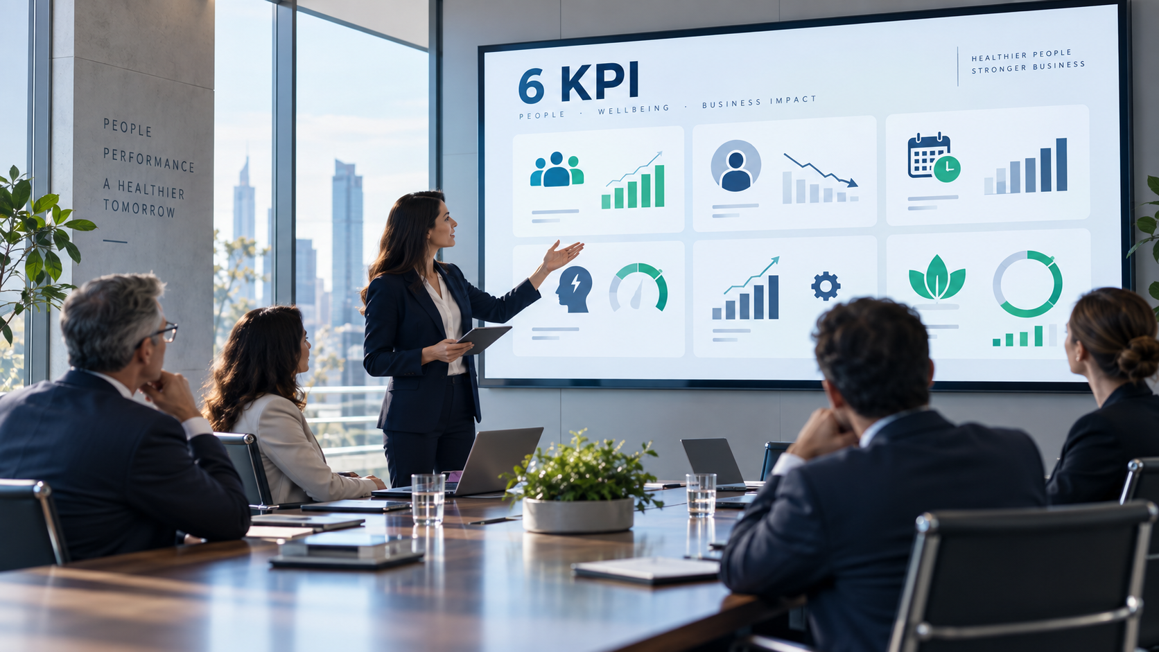 A presenter showing the six wellbeing KPIs on a large screen to a boardroom audience
