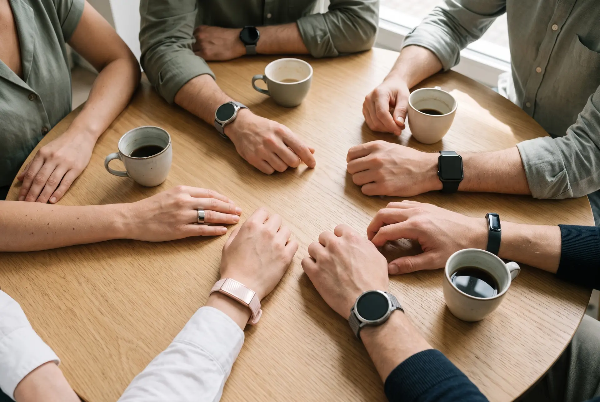 A team around a table wearing different wearables: smartwatches, a fitness band and a smart ring