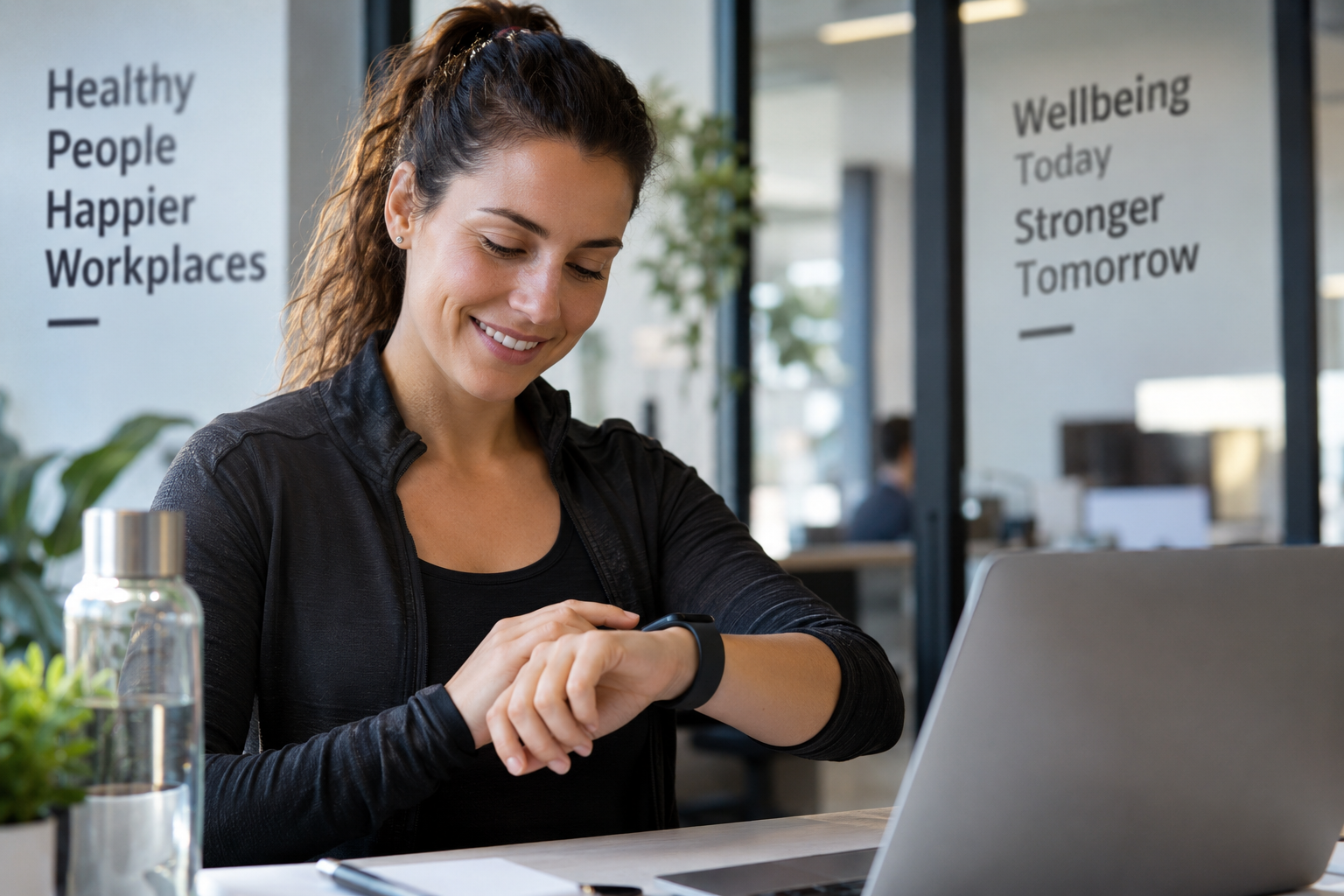 An employee at her desk smiling while checking her smartwatch during a wellbeing programme