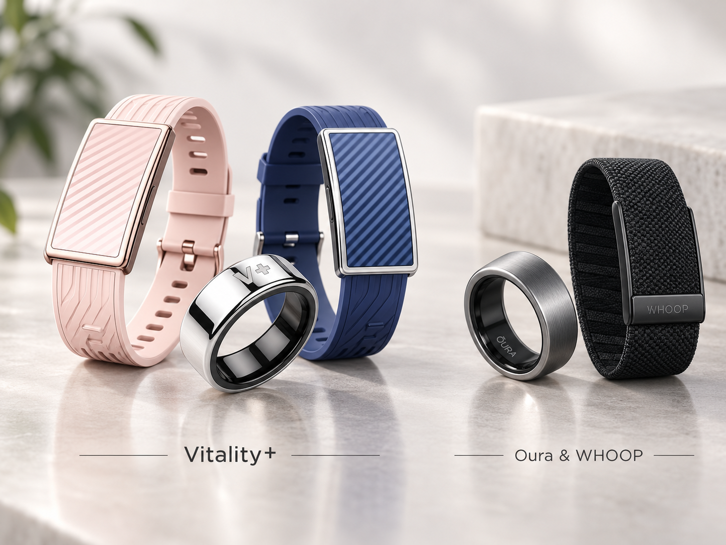 Vitality+ wearables next to an Oura ring and a WHOOP band, labelled Vitality+ and Oura & WHOOP