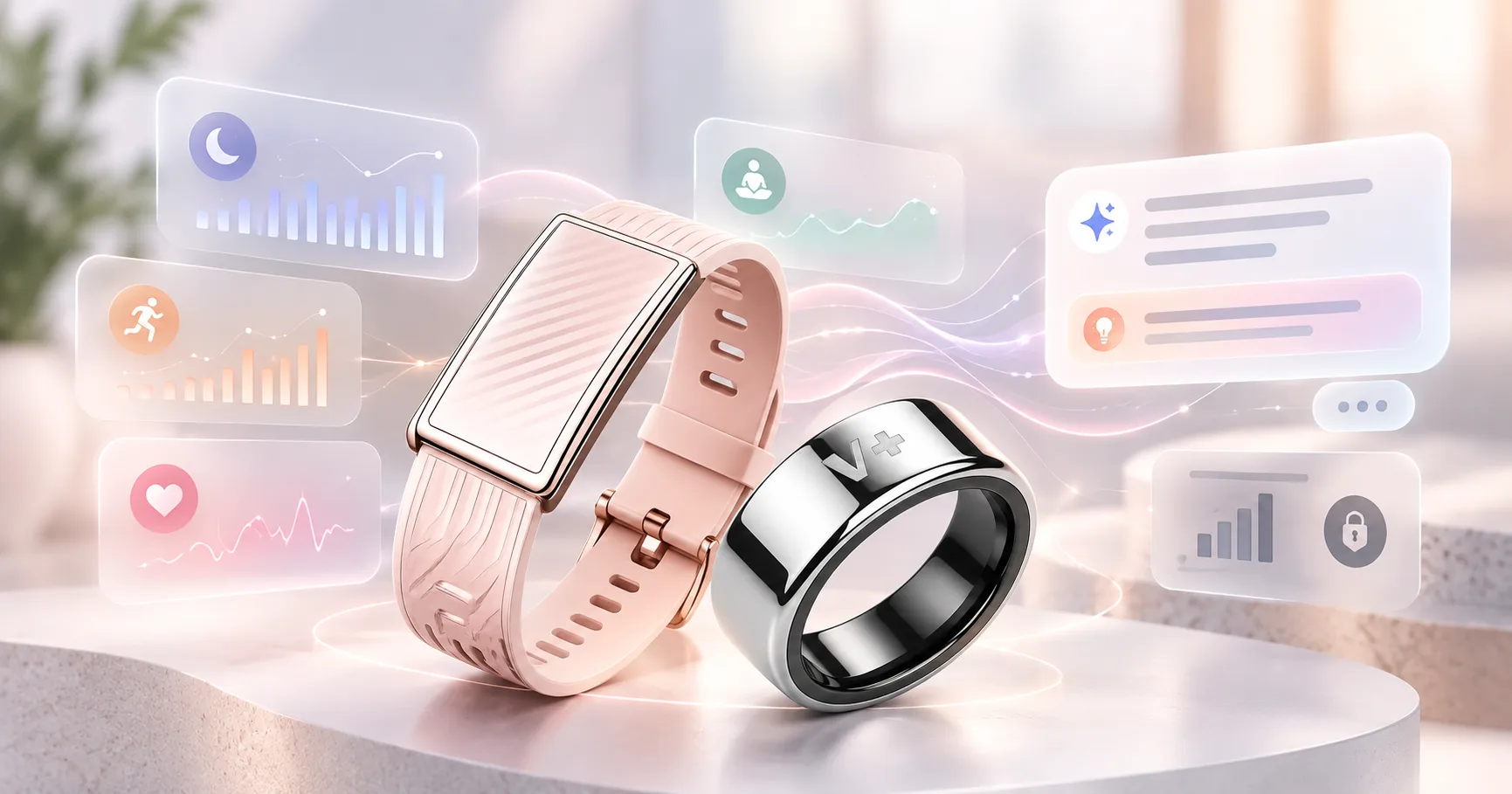 Vitality+ Ring und Band mit schwebenden KI-Panels zu Schlaf, Aktivität, Herzfrequenz und Wellbeing-Einblicken