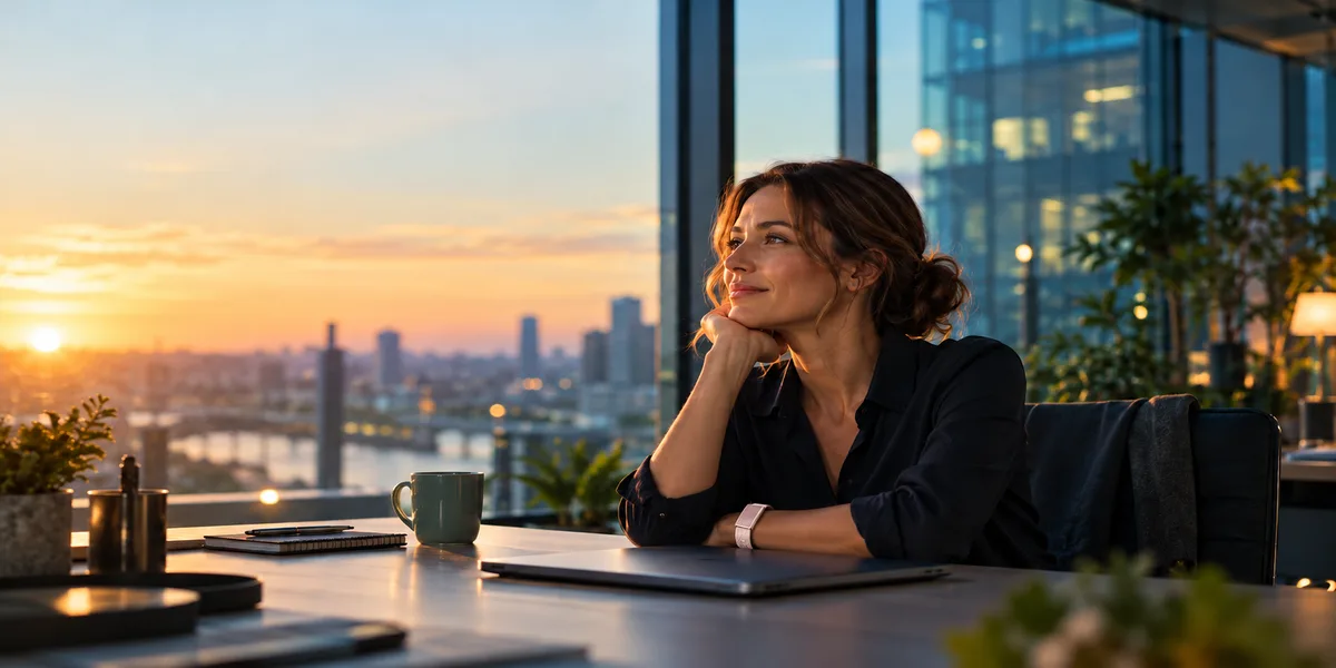 Woman resting with a wellbeing bracelet at her desk at sunset, taking a break from work