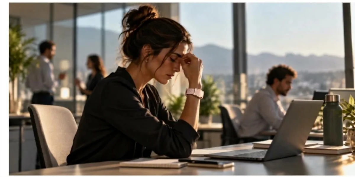 Eine müde Mitarbeiterin mit rosa Armband stützt in einem sonnigen Büro den Kopf auf die Hand.