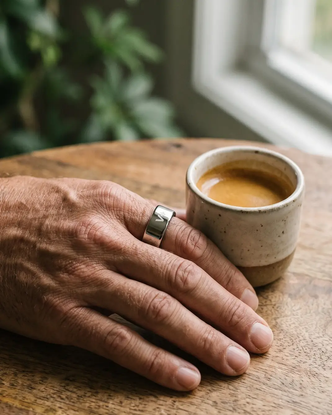 The V+ ring on a hand next to a cup of coffee